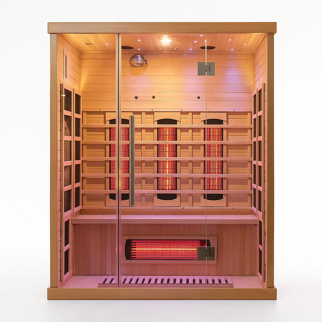 Infrared Sauna Cabin Built for Therapeutic Heat, Nordic Spruce Wood, Multi-Panel Heating, Glass Door
