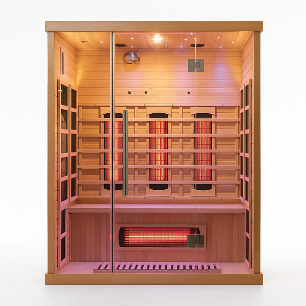 Infrared Sauna Cabin Built for Therapeutic Heat, Nordic Spruce Wood, Multi-Panel Heating, Glass Door