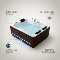 Dual-Occupancy Hot Tub Built for Luxury Relaxation, 28 Hydrotherapy Jets, LED Lighting, Digital Controls — infographic